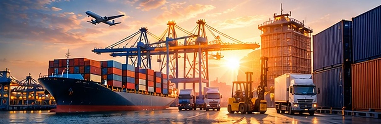 Container port with cargo ship and cranes at sunset